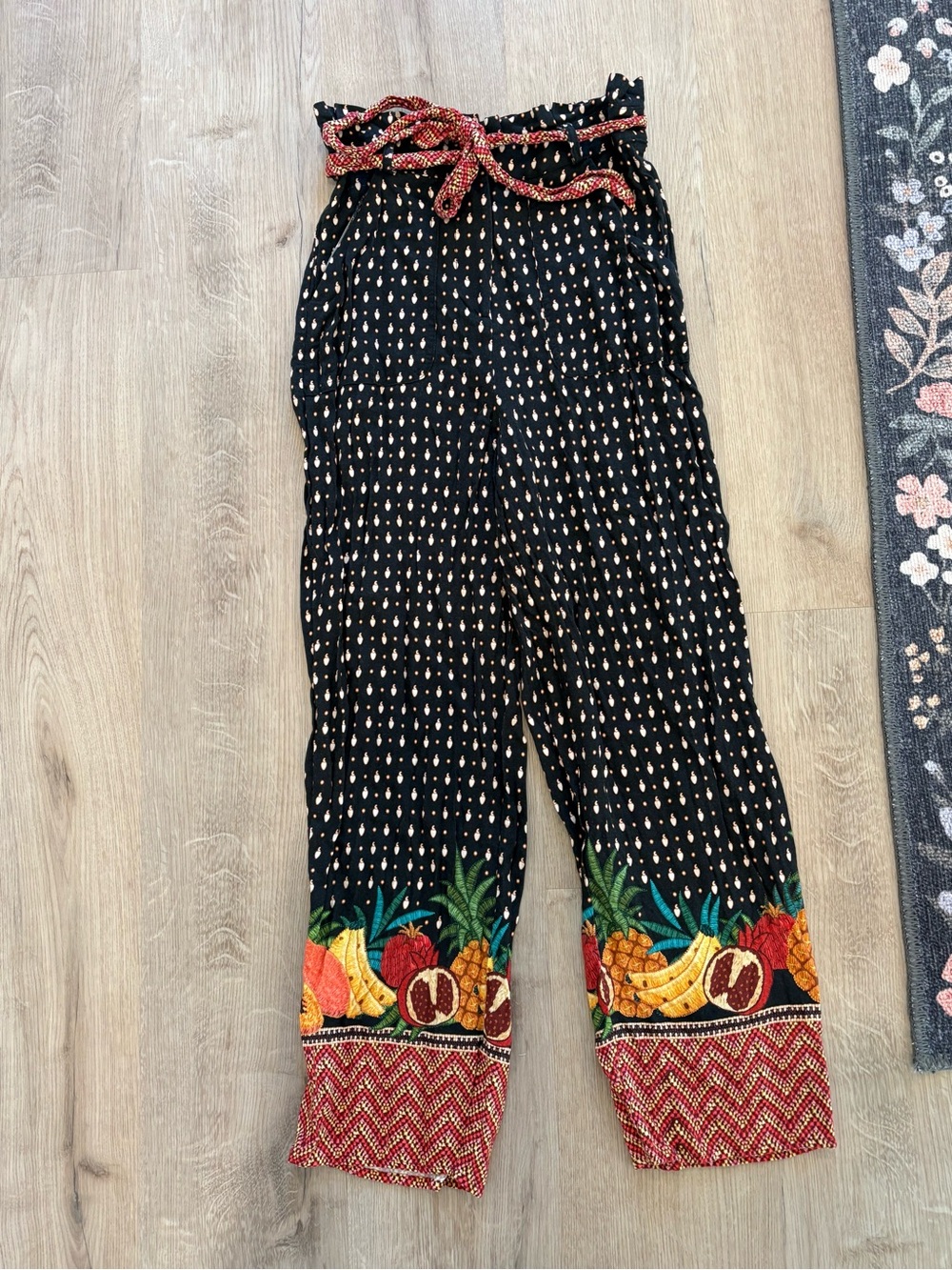 FARM Rio by Anthropologie Black Wide-Leg Fruit Border Paperbag Pants
